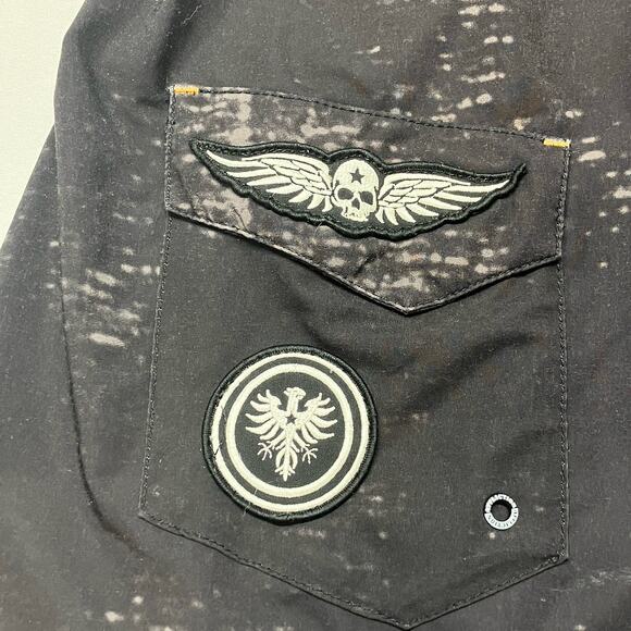 Affliction Board Shorts Black Orange Distressed Patches Swim Trunks Size 36 - Picture 8 of 16